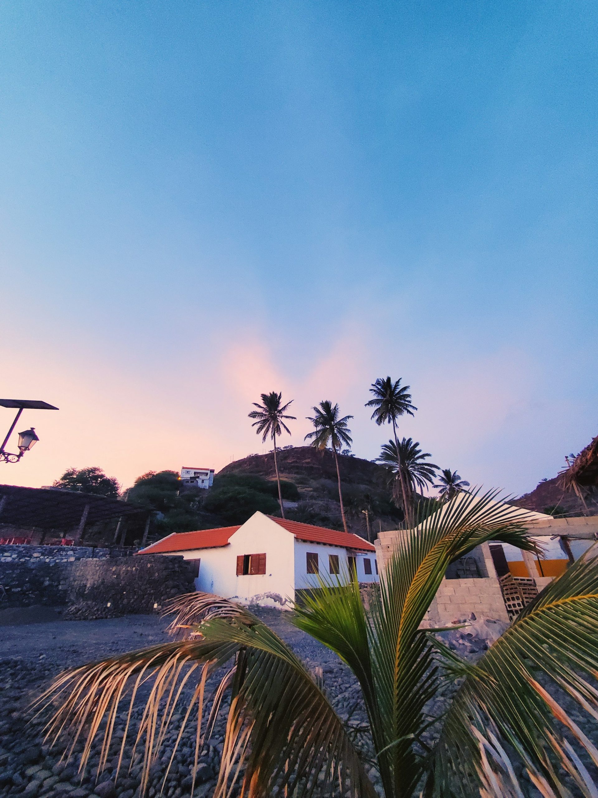 Casas brancas e palmeiras ao pôr do sol