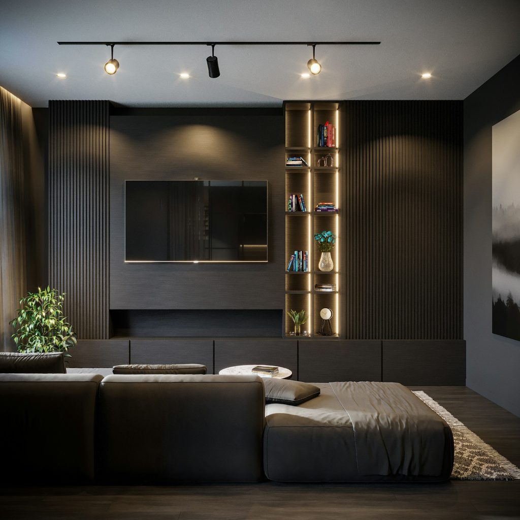 Interior contemporâneo em tons escuros